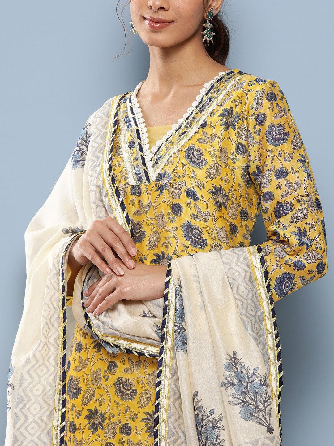 Women's Yellow Pure Chanderi Kurta Pant Set with Dupatta - Taantav