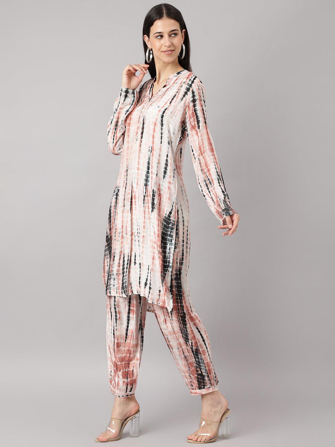 Women's Cream Muslin Tie and Dye Kurta with Ham Cuffed Pant Set - Taantav