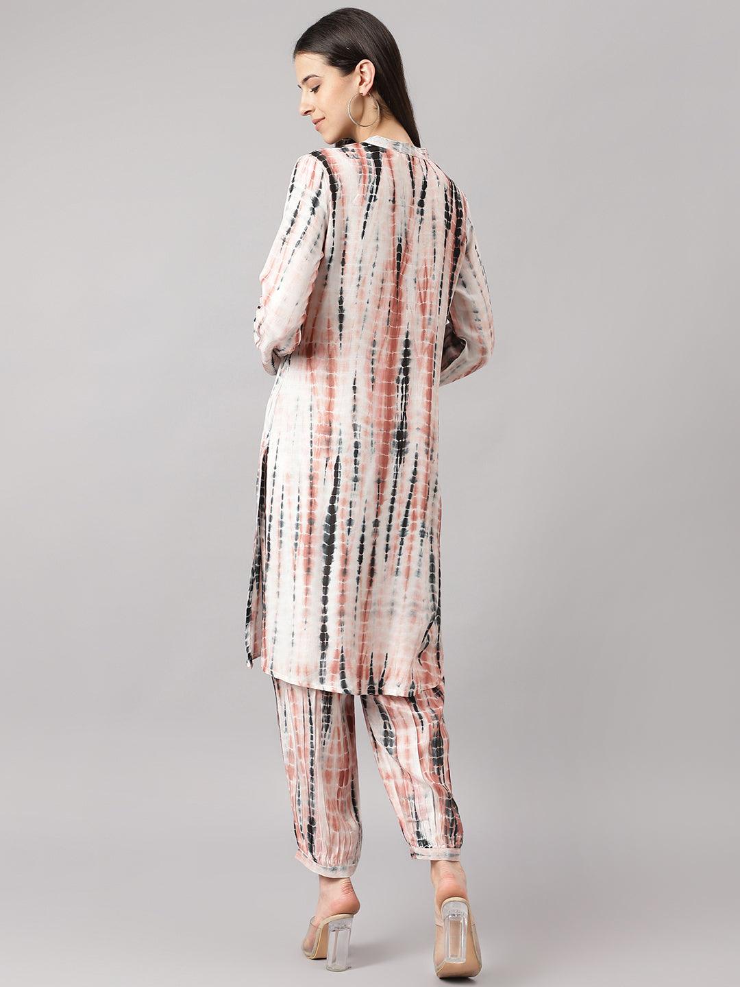 Women's Cream Muslin Tie and Dye Kurta with Ham Cuffed Pant Set - Taantav