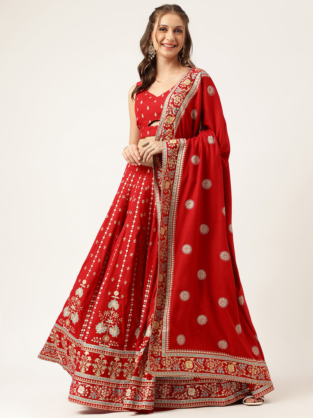 Women's Ethnic Motifs Printed Maroon Lehenga & Blouse With Dupatta - Taantav