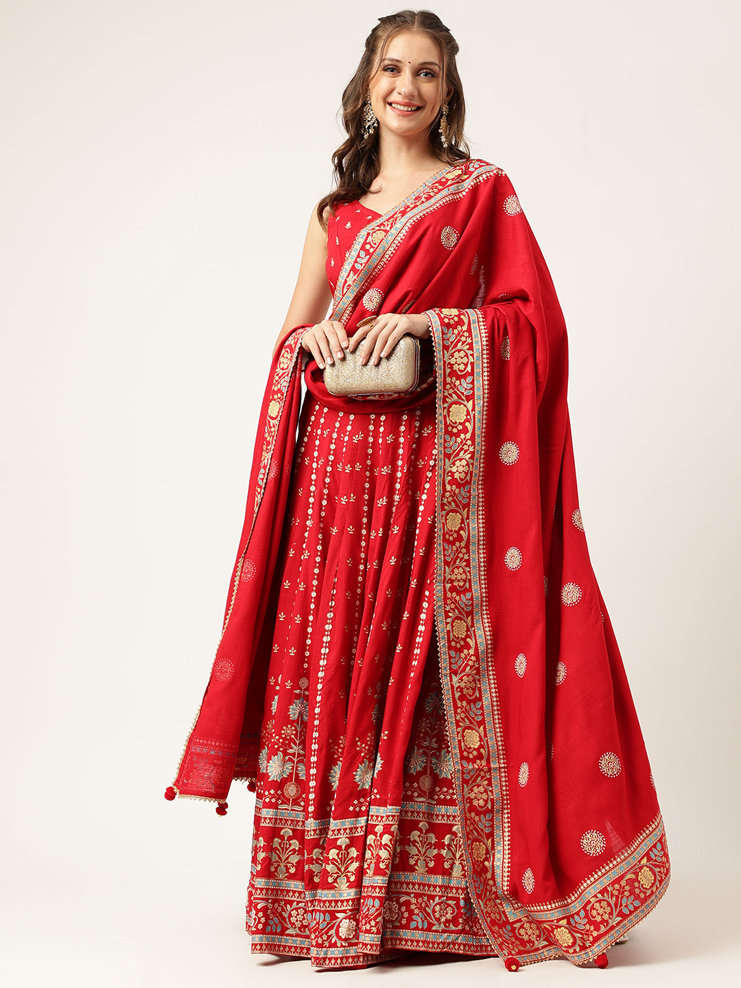 Women's Ethnic Motifs Printed Maroon Lehenga & Blouse With Dupatta - Taantav