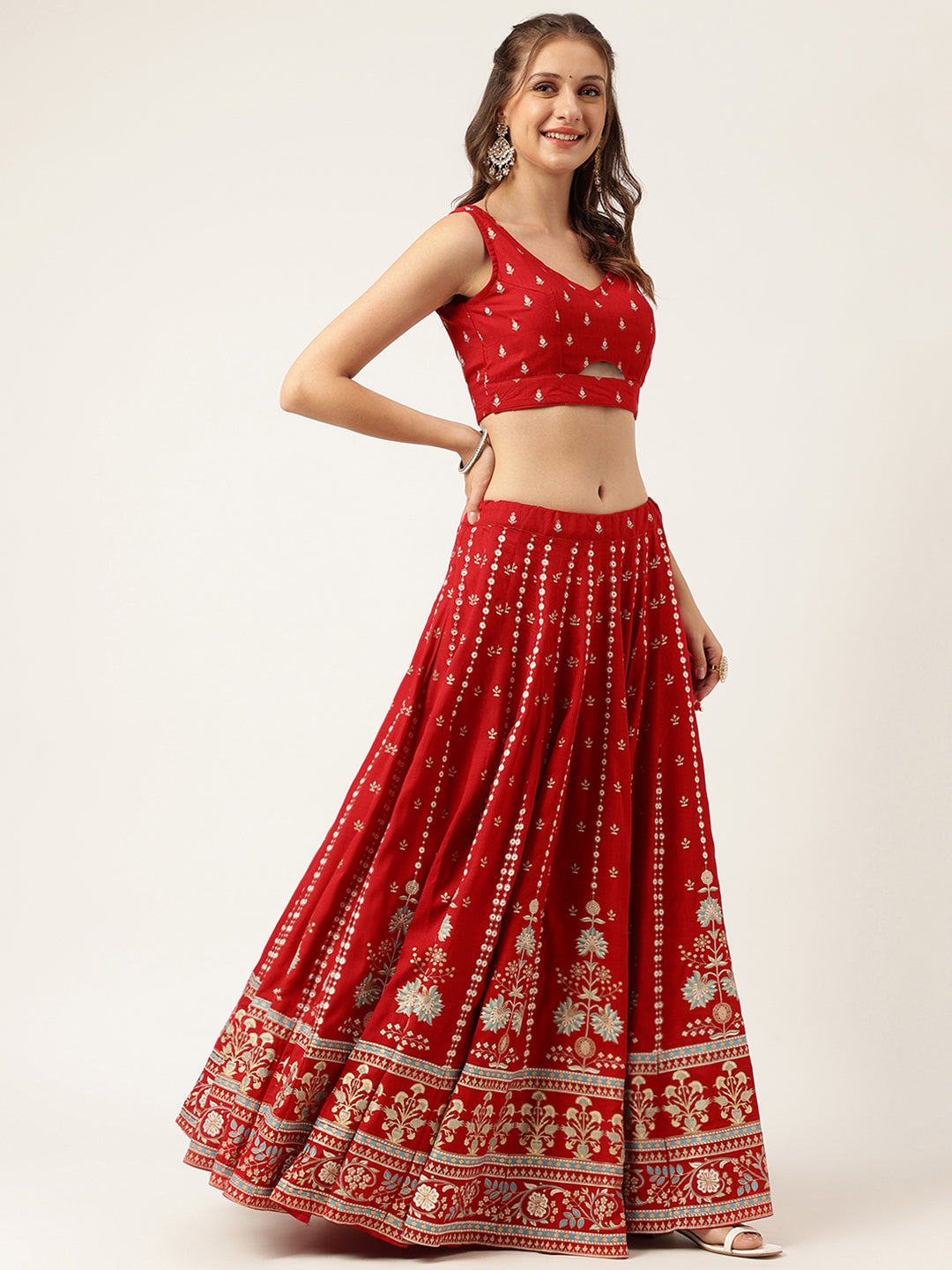 Women's Ethnic Motifs Printed Maroon Lehenga & Blouse With Dupatta - Taantav