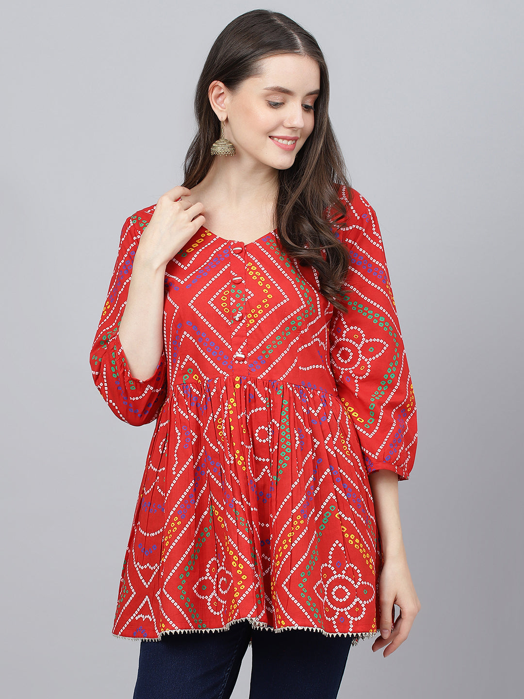 Women's Red Bandhani Printed Cotton Peplum Top - Taantav