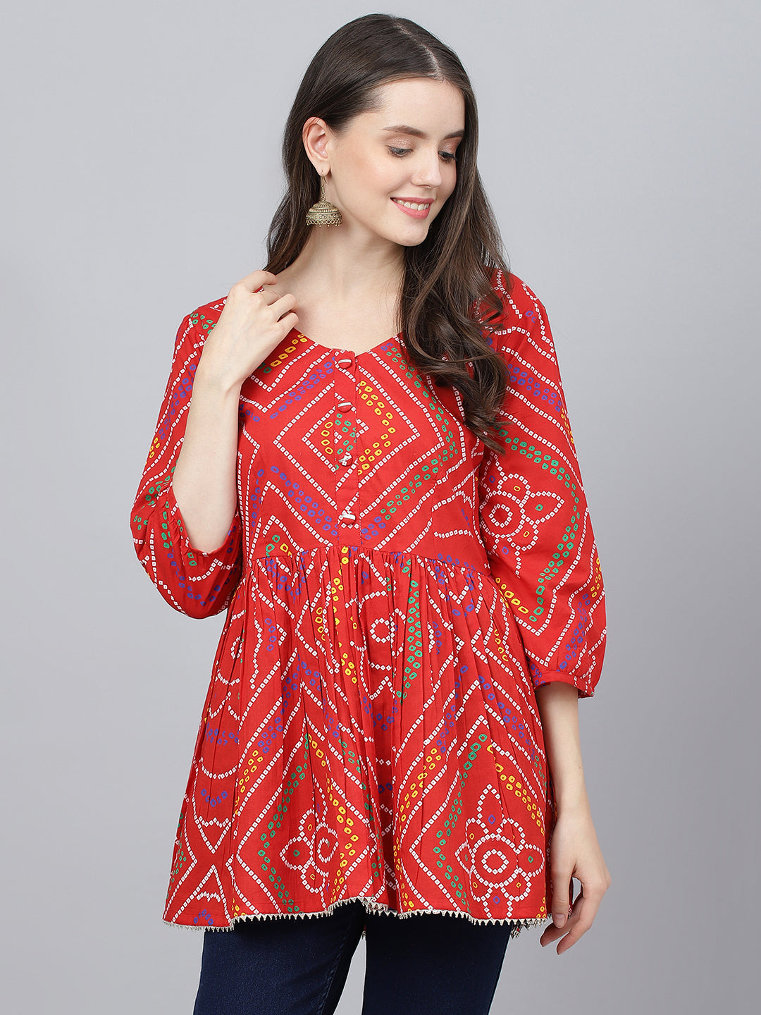 Women's Red Bandhani Printed Cotton Peplum Top