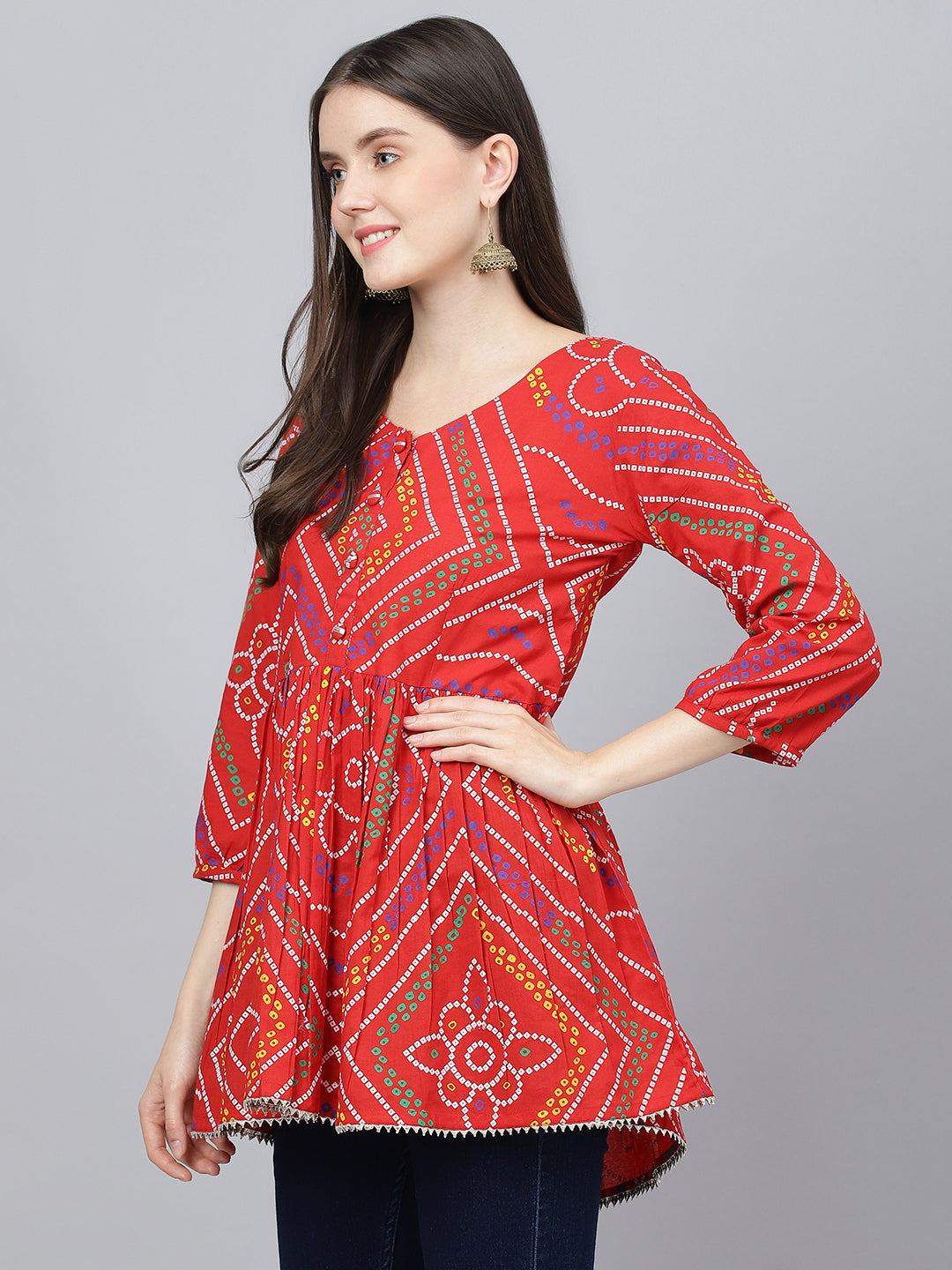 Women's Red Bandhani Printed Cotton Peplum Top - Taantav