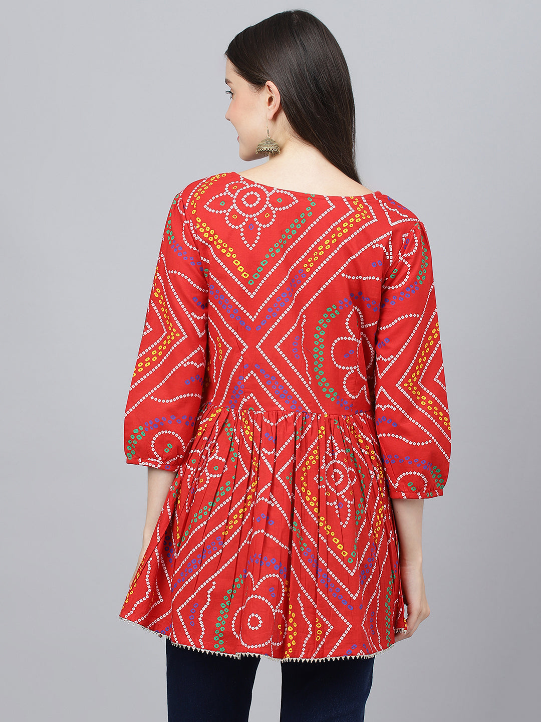 Women's Red Bandhani Printed Cotton Peplum Top