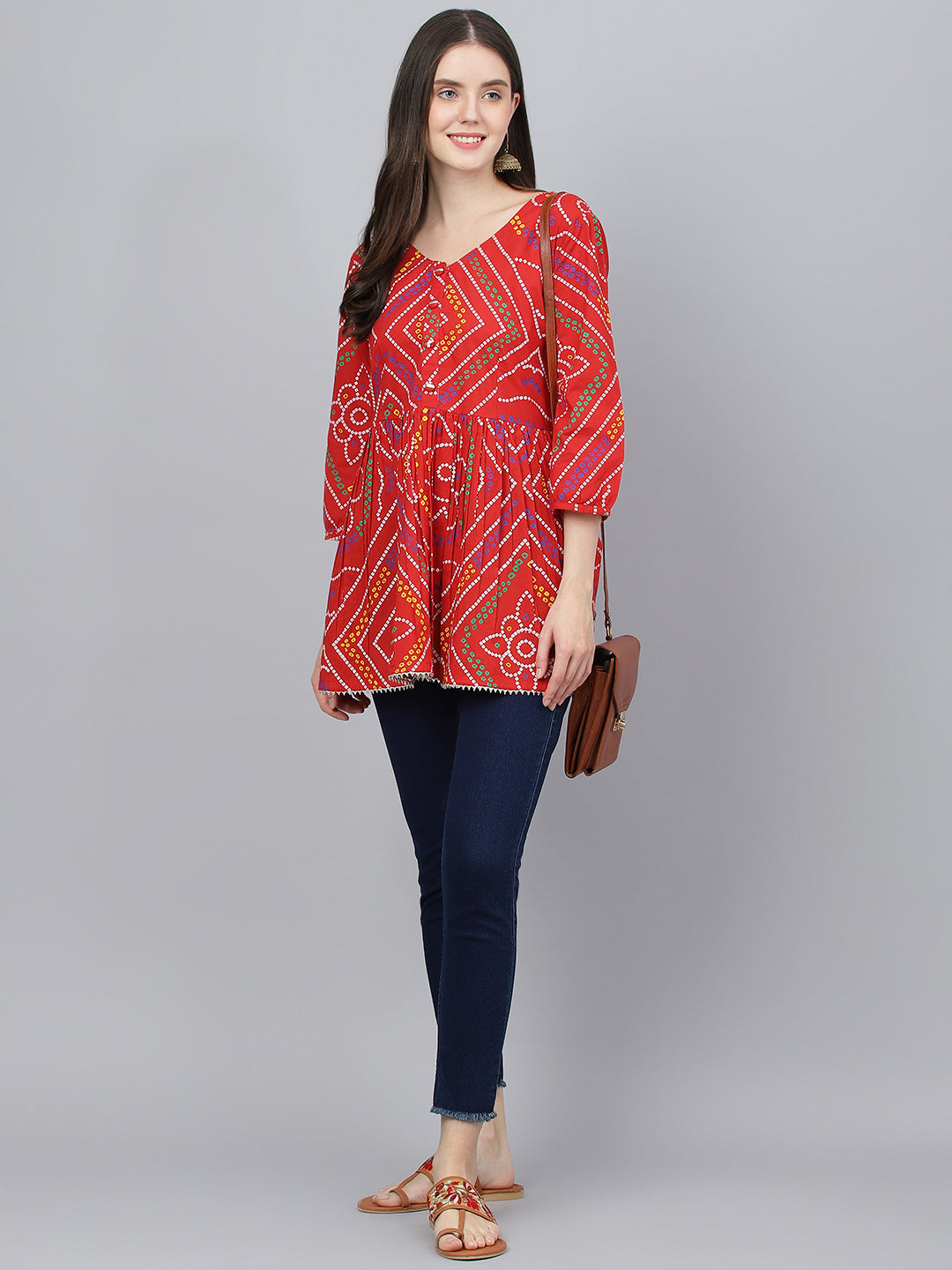 Women's Red Bandhani Printed Cotton Peplum Top - Taantav