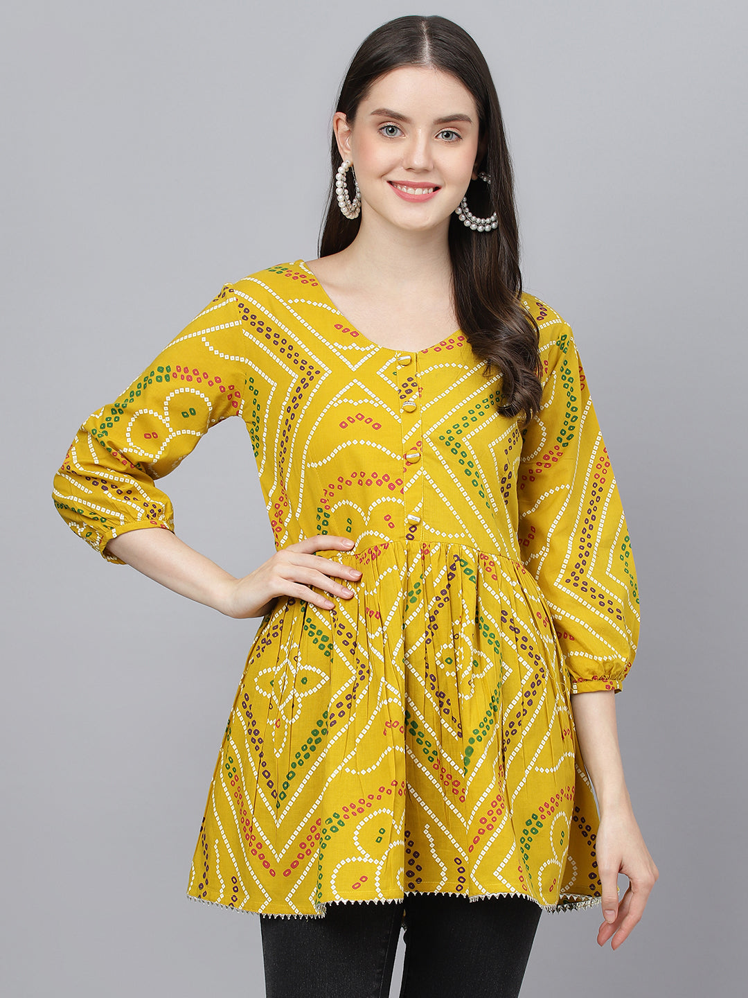 Women's Mustard Bandhani Printed Cotton Peplum Top - Taantav