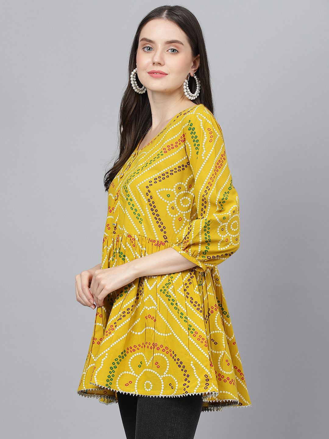 Women's Mustard Bandhani Printed Cotton Peplum Top - Taantav