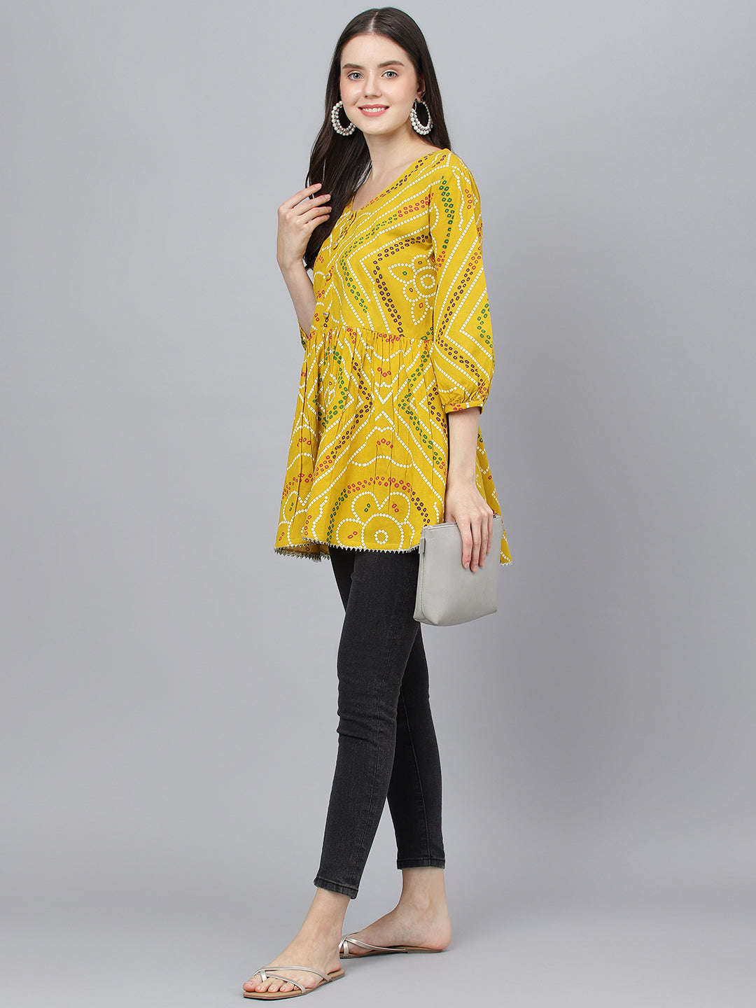 Women's Mustard Bandhani Printed Cotton Peplum Top - Taantav