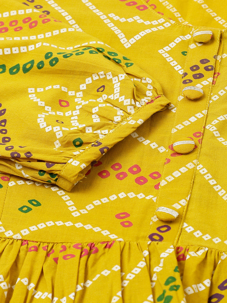 Women's Mustard Bandhani Printed Cotton Peplum Top