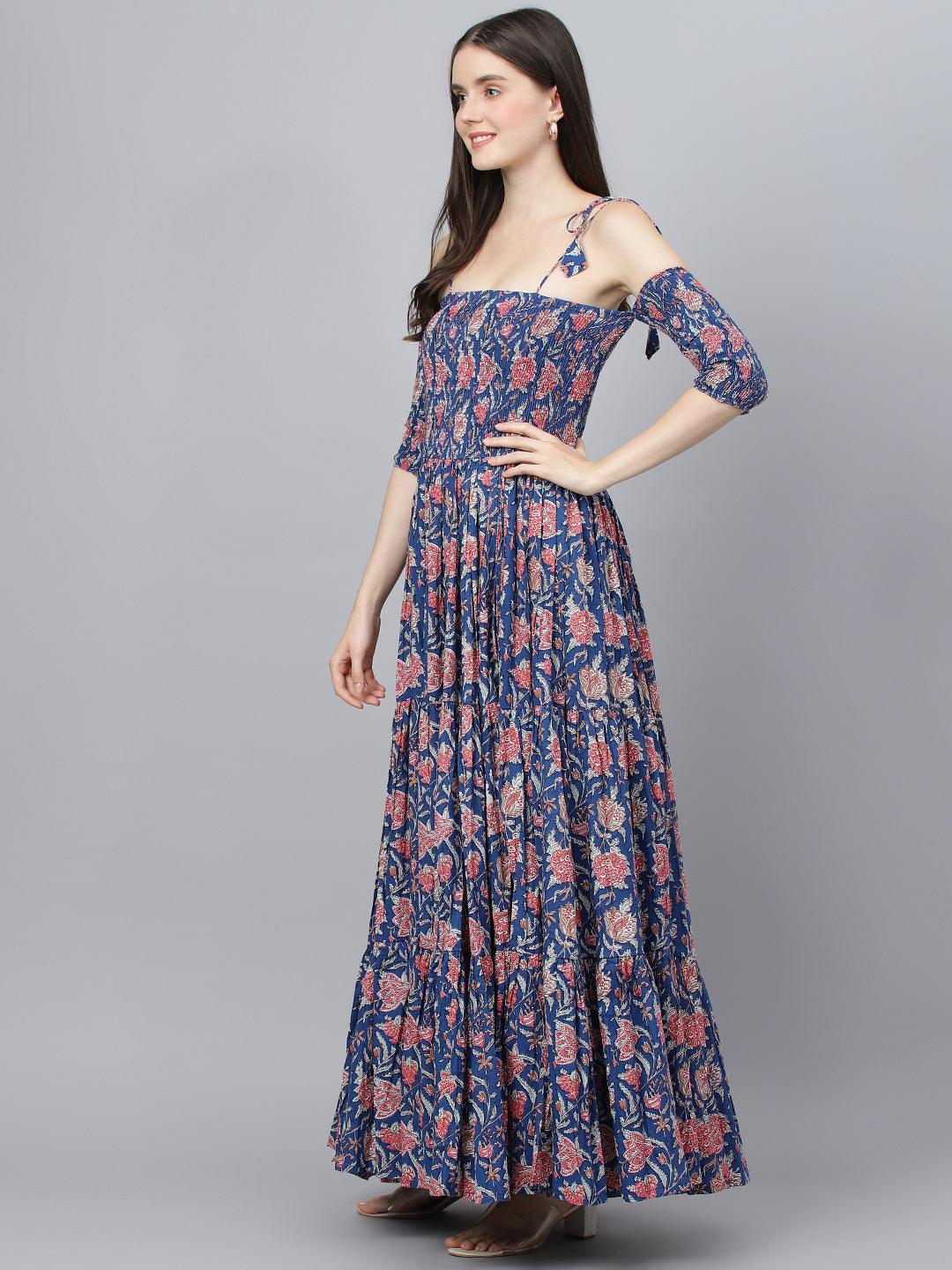 Women's Blue Floral Printed Shoulder Strips Flared Long Dress - Taantav