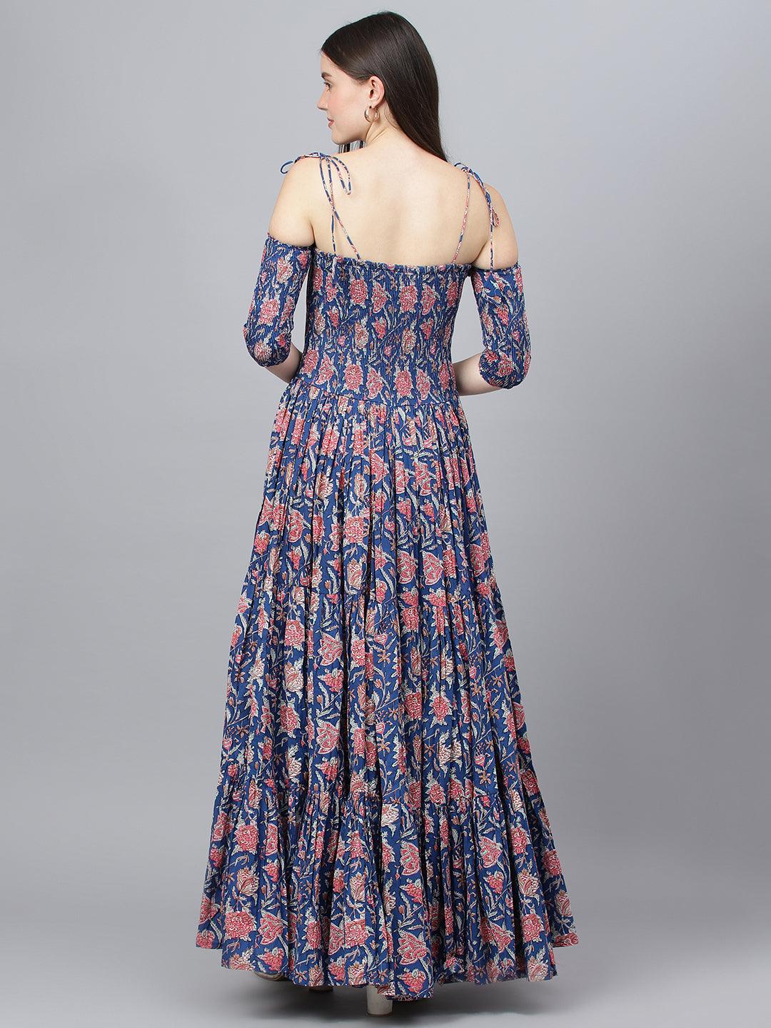 Women's Blue Floral Printed Shoulder Strips Flared Long Dress - Taantav