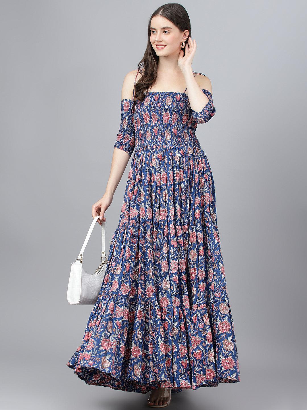 Women's Blue Floral Printed Shoulder Strips Flared Long Dress - Taantav