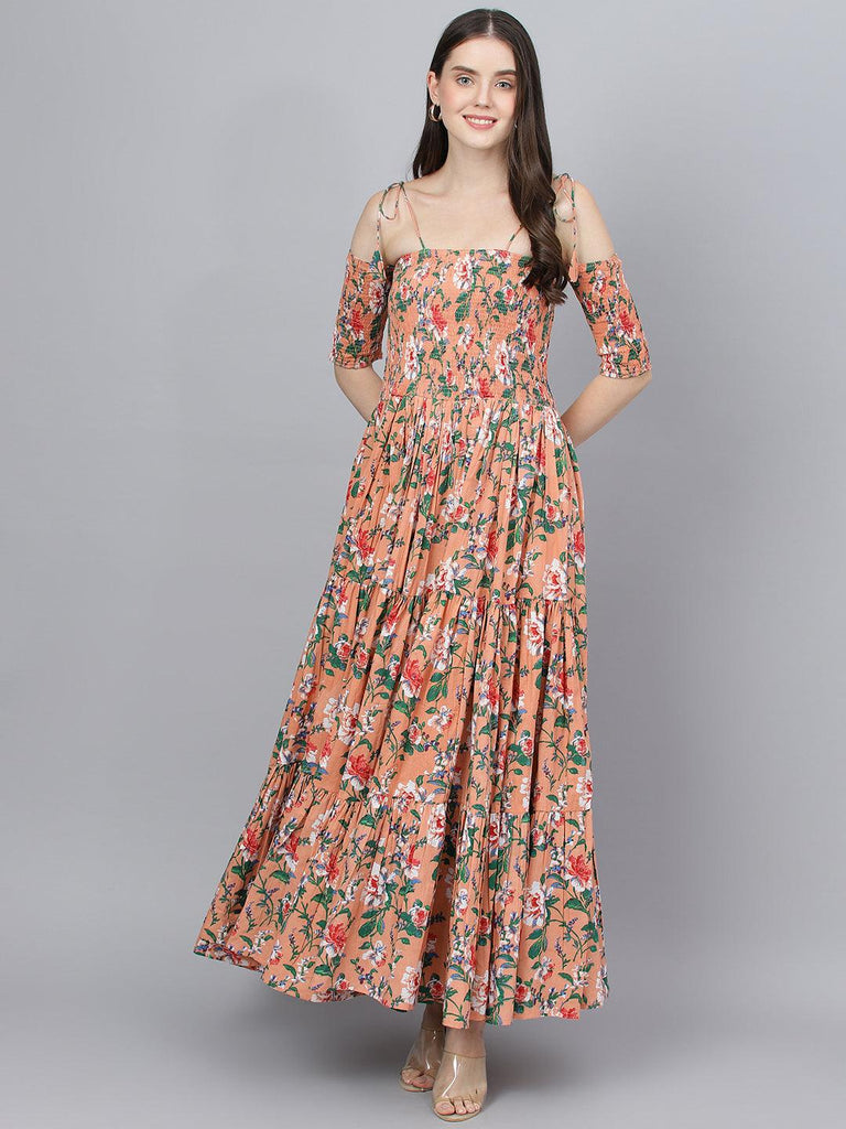 Women's Peach Floral Printed Shoulder Strips Flared Long Dress