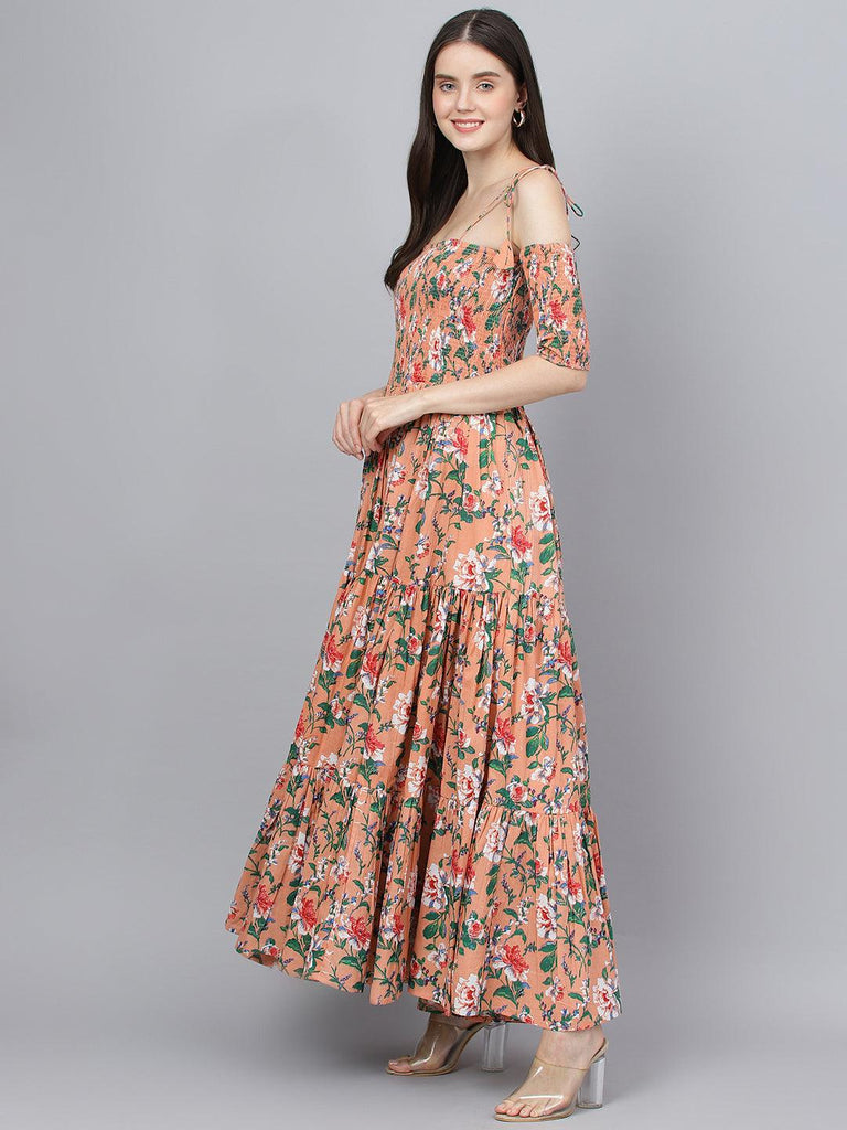 Women's Peach Floral Printed Shoulder Strips Flared Long Dress