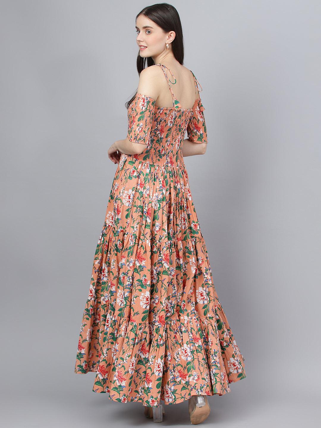 Women's Peach Floral Printed Shoulder Strips Flared Long Dress - Taantav