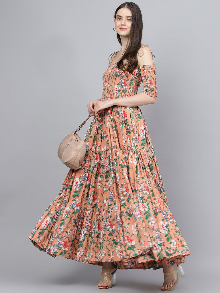 Women's Peach Floral Printed Shoulder Strips Flared Long Dress