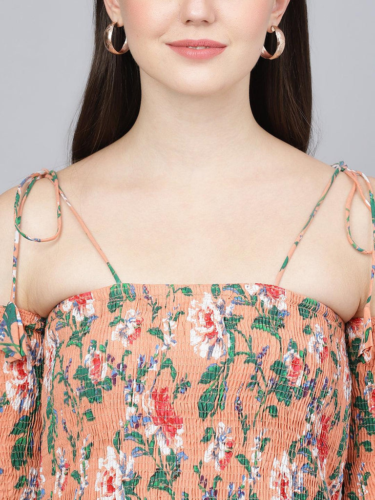 Women's Peach Floral Printed Shoulder Strips Flared Long Dress