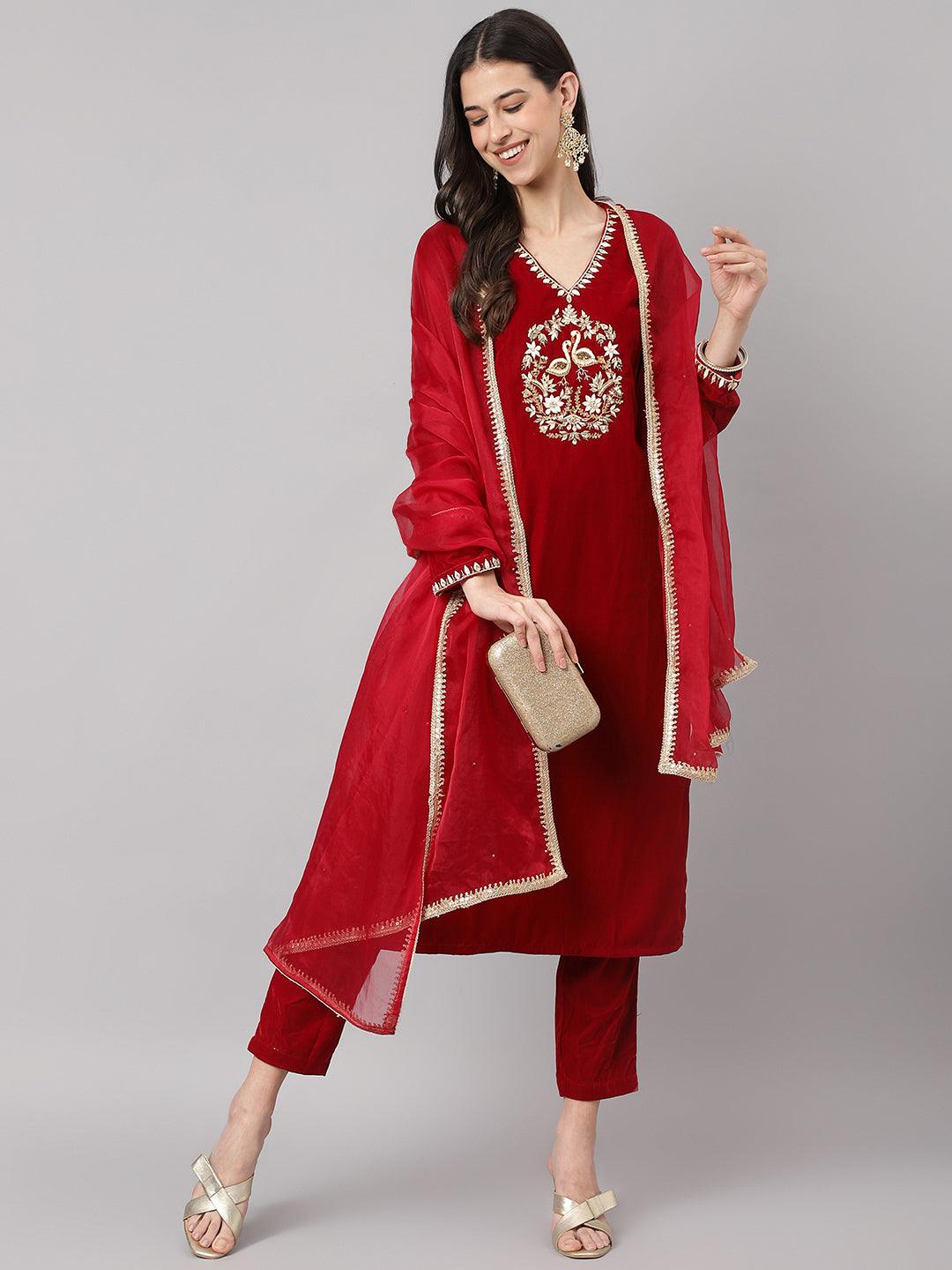 Women's Maroon Solid Velvet hand work Kurta pant With Organza Dupatta set - Taantav