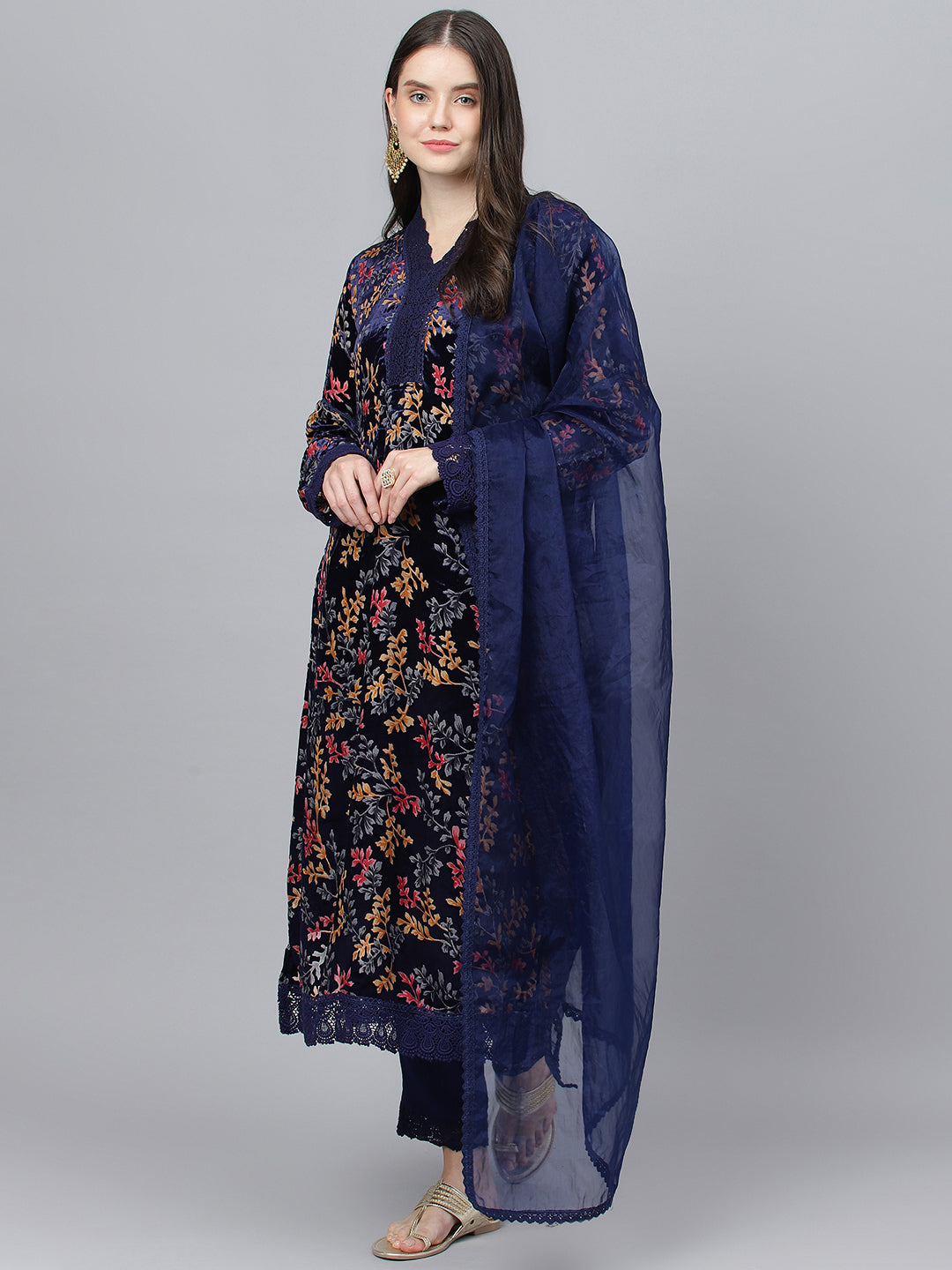 Women's Blue Floral Burn Out Velvet Kurta pant With Organza Dupatta set - Taantav