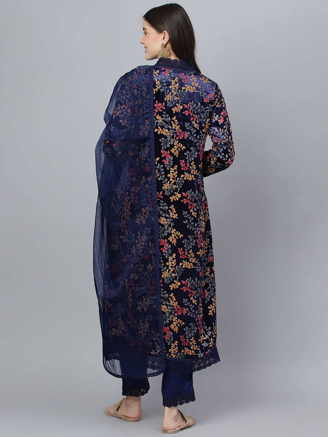 Women's Blue Floral Burn Out Velvet Kurta pant With Organza Dupatta set - Taantav