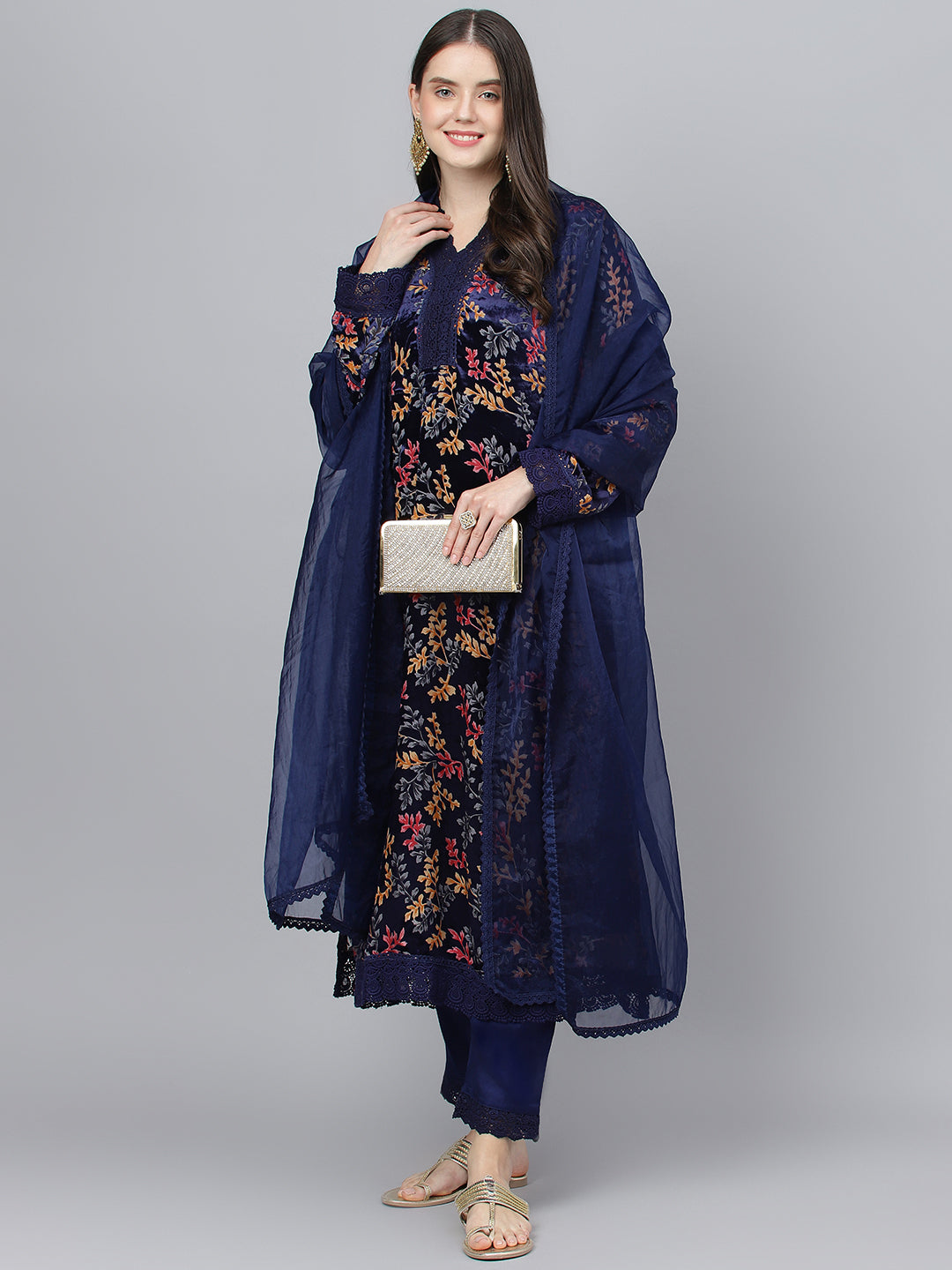 Women's Blue Floral Burn Out Velvet Kurta pant With Organza Dupatta set - Taantav