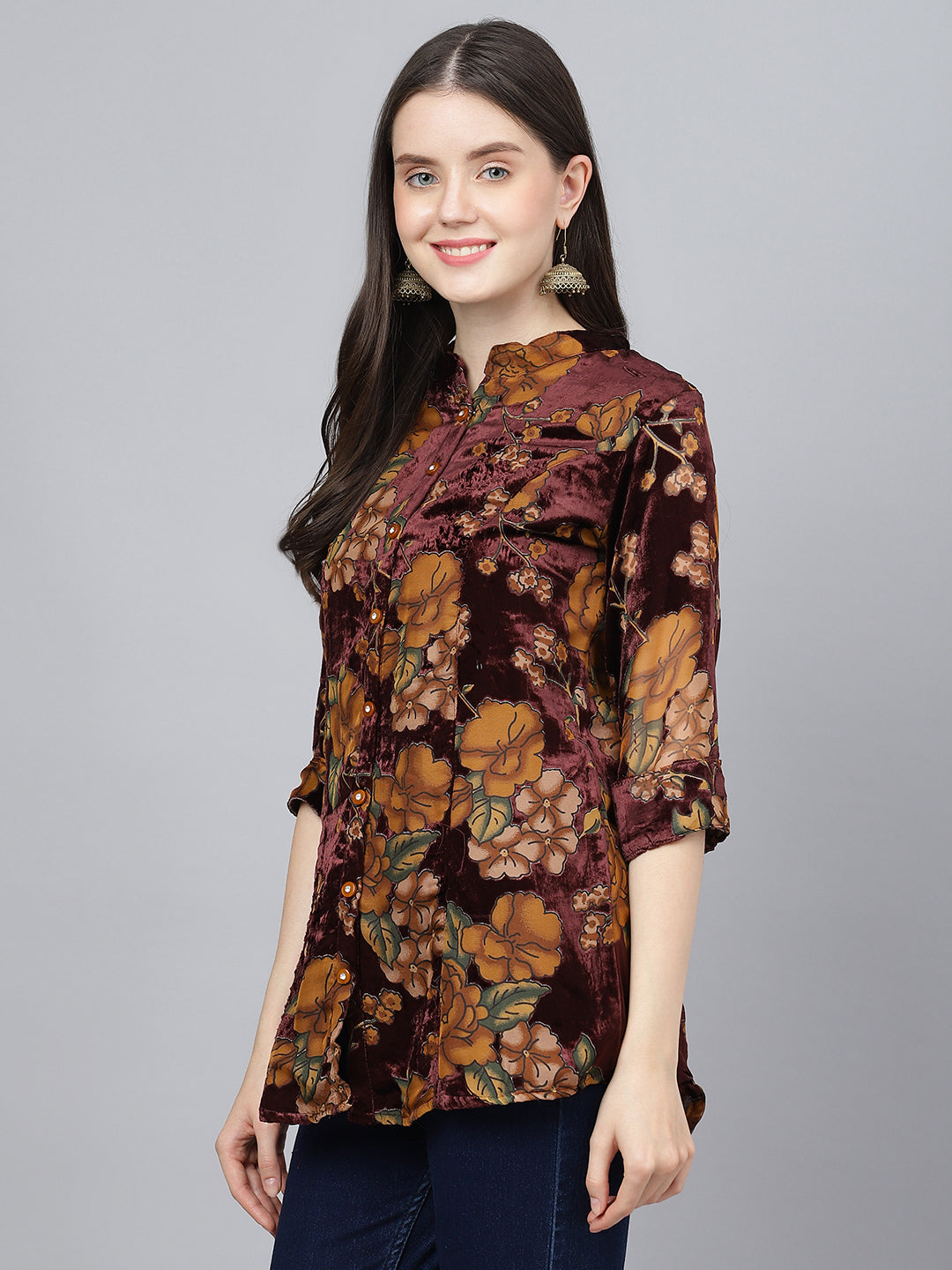 Women's Wine Floral Burn out Velvet A-line Shirts Style Top - Taantav