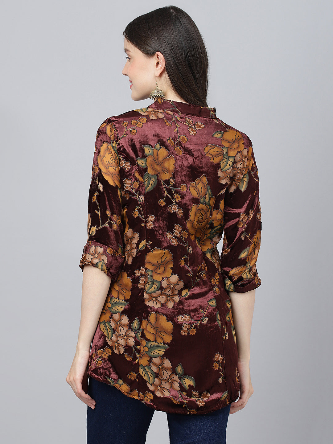 Women's Wine Floral Burn out Velvet A-line Shirts Style Top - Taantav