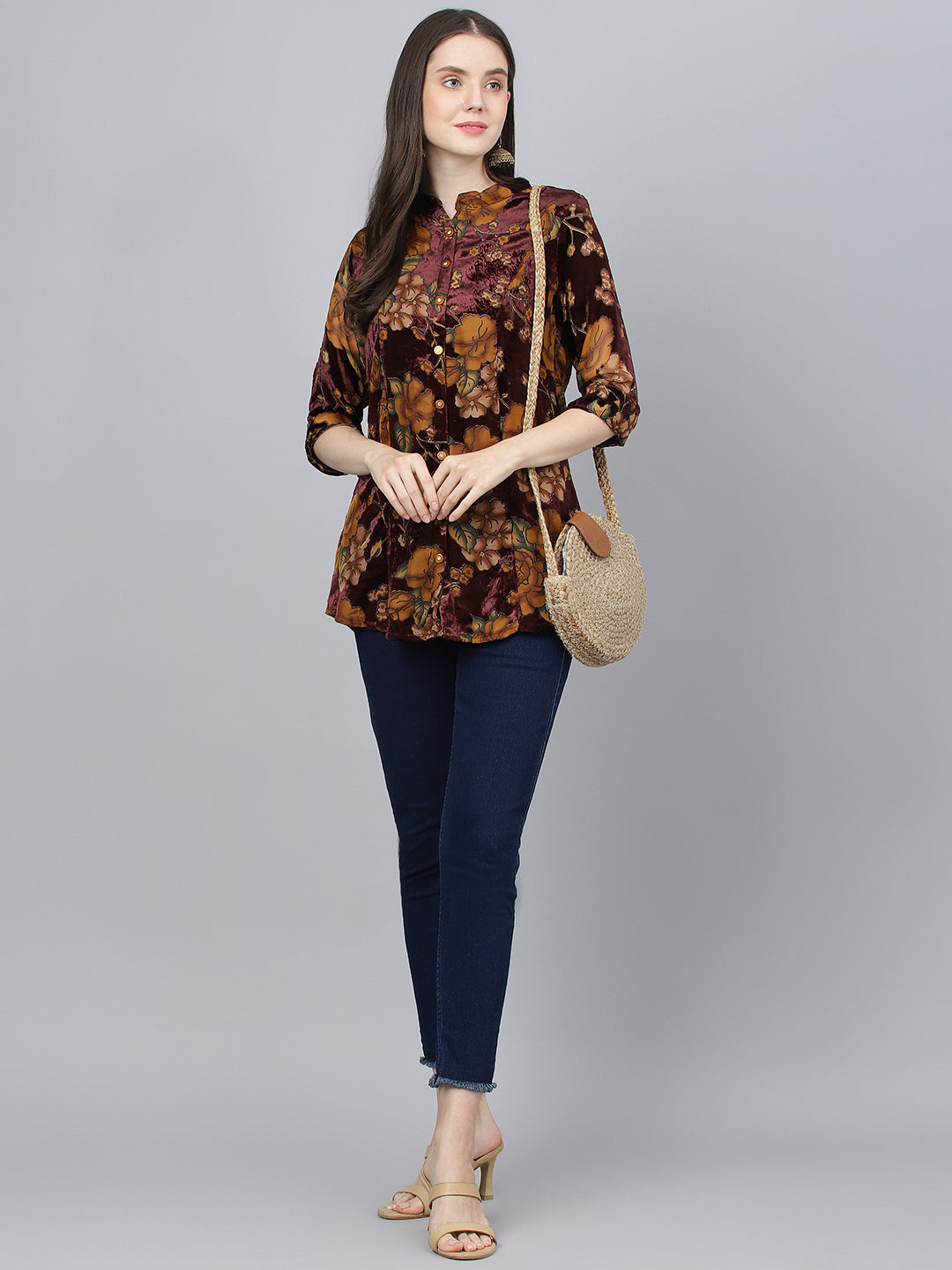 Women's Wine Floral Burn out Velvet A-line Shirts Style Top - Taantav