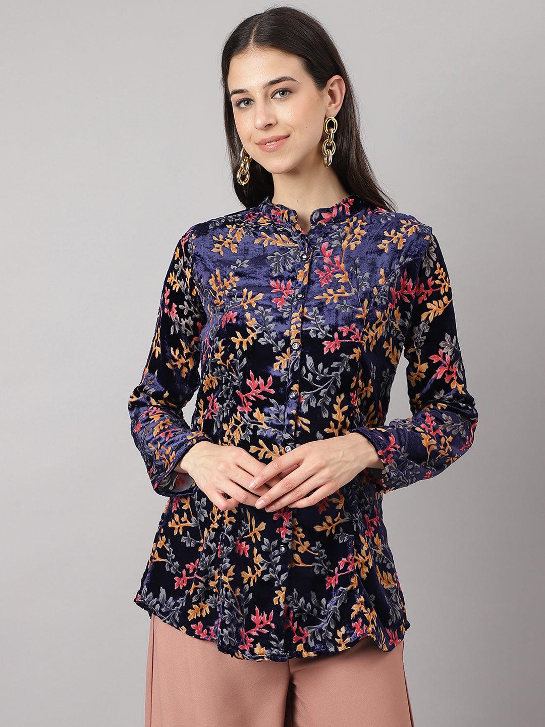 Women's Blue Floral Burn out Velvet A-line Shirts Style Top - Taantav