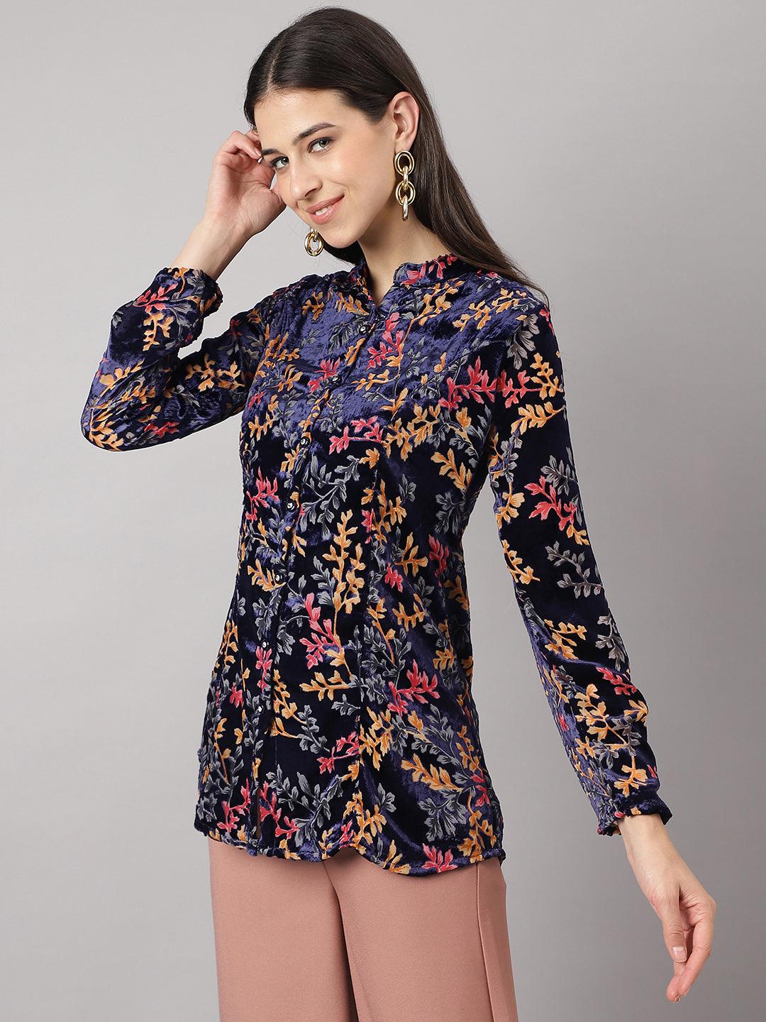 Women's Blue Floral Burn out Velvet A-line Shirts Style Top - Taantav