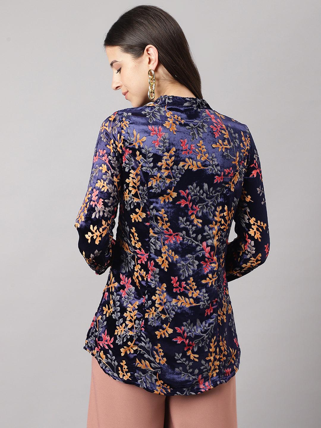 Women's Blue Floral Burn out Velvet A-line Shirts Style Top - Taantav