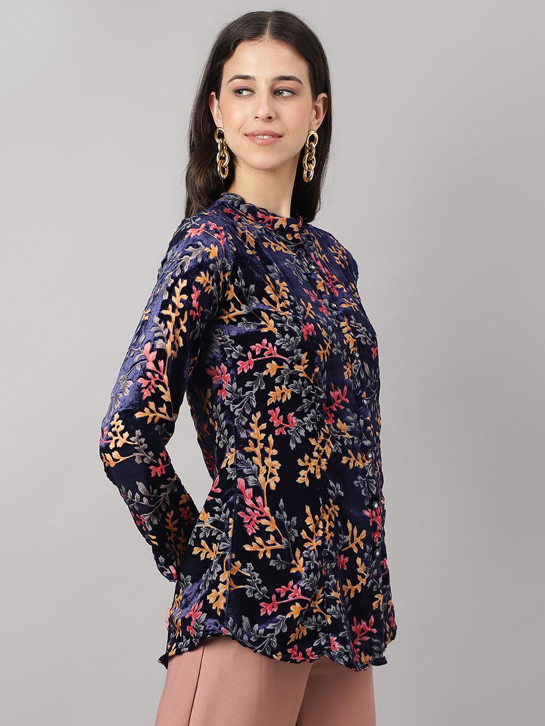 Women's Blue Floral Burn out Velvet A-line Shirts Style Top - Taantav