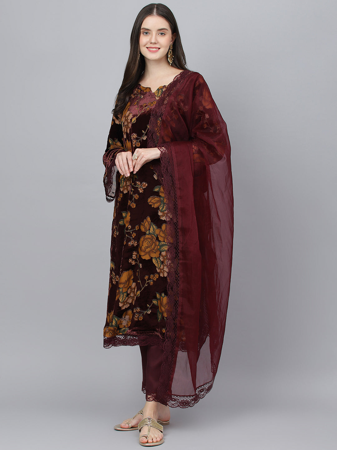 Women's Wine Floral Burn Out Velvet Kurta pant With Organza Dupatta set - Taantav