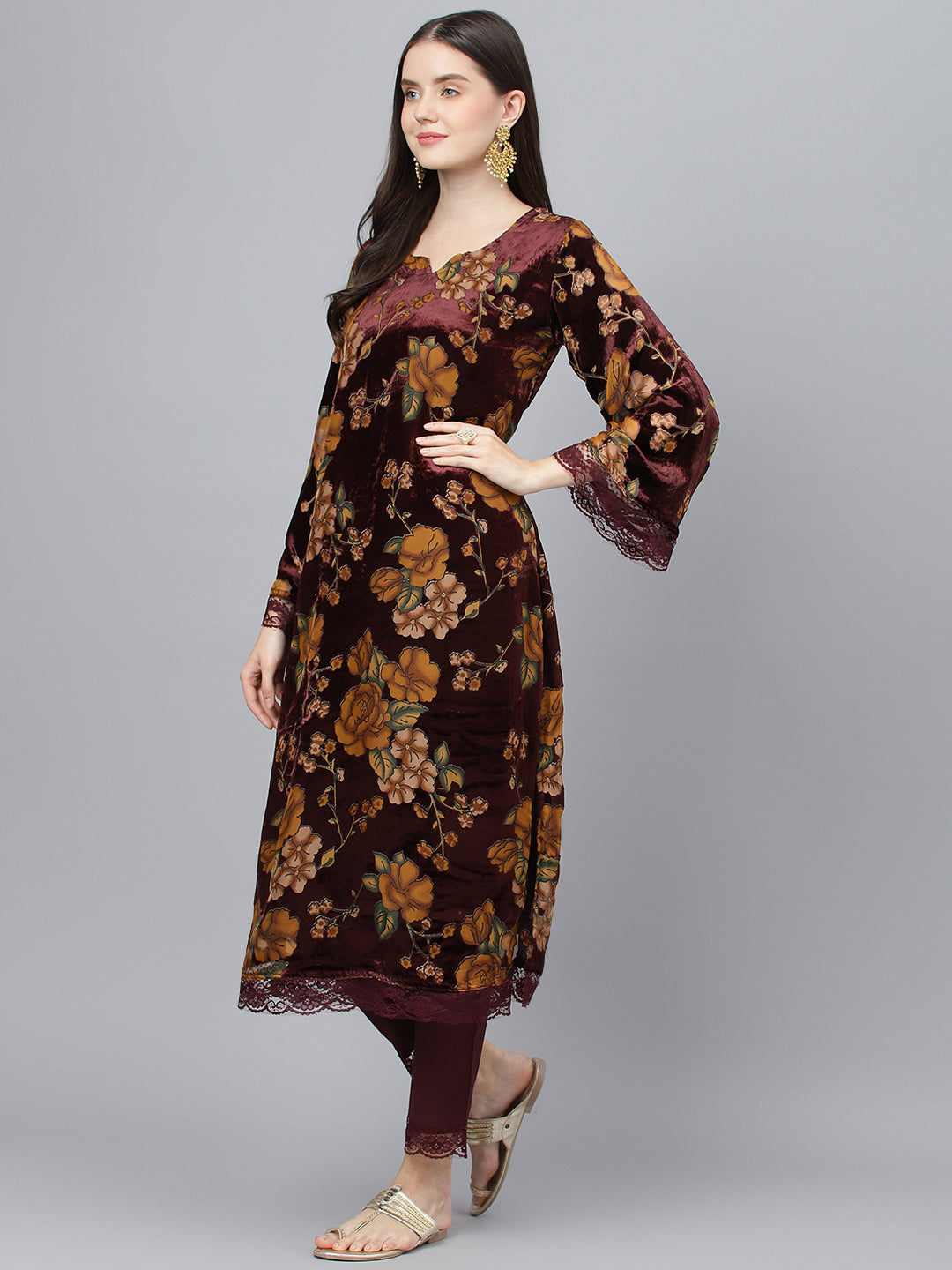 Women's Wine Floral Burn Out Velvet Kurta pant With Organza Dupatta set - Taantav