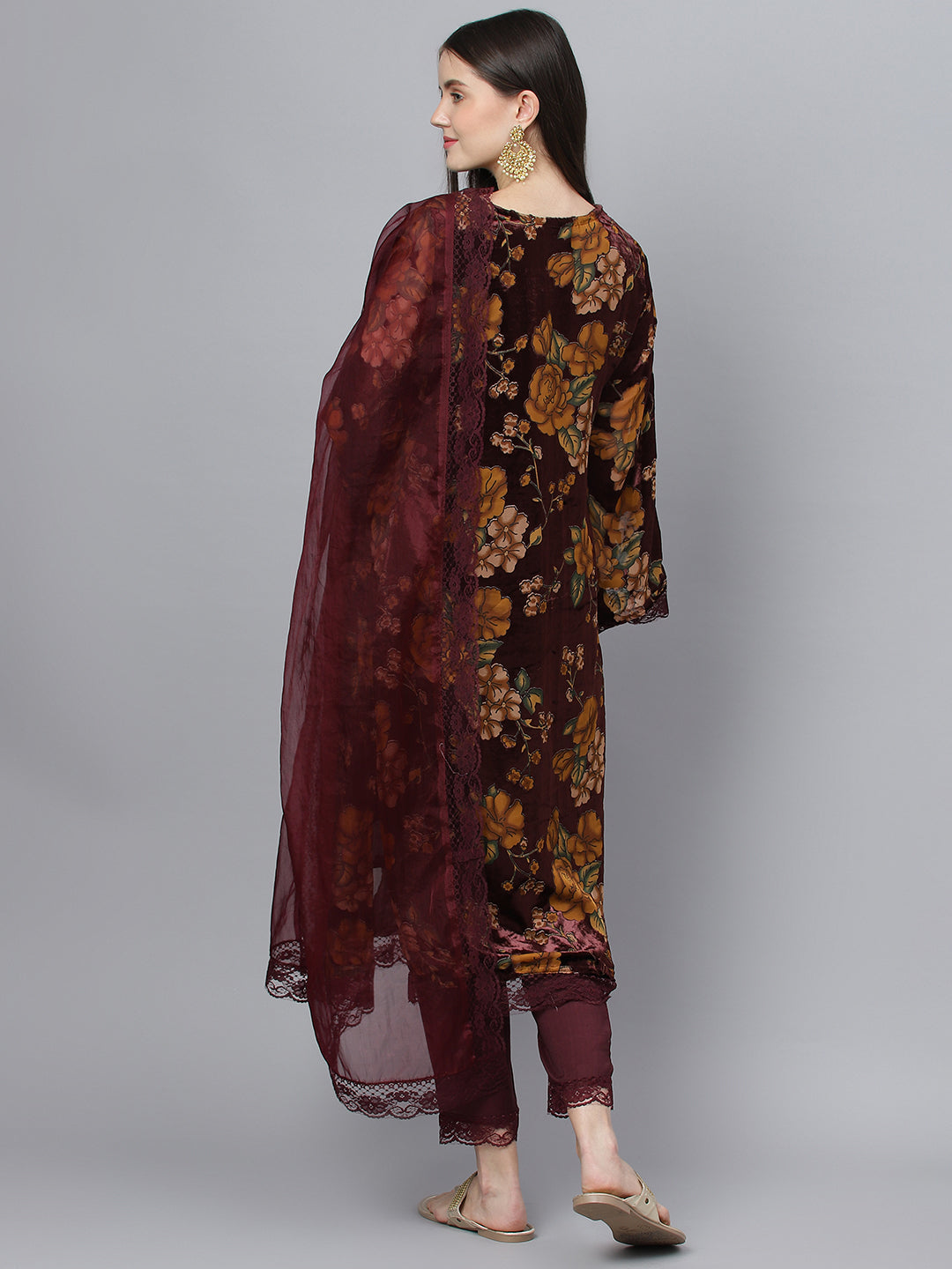 Women's Wine Floral Burn Out Velvet Kurta pant With Organza Dupatta set - Taantav