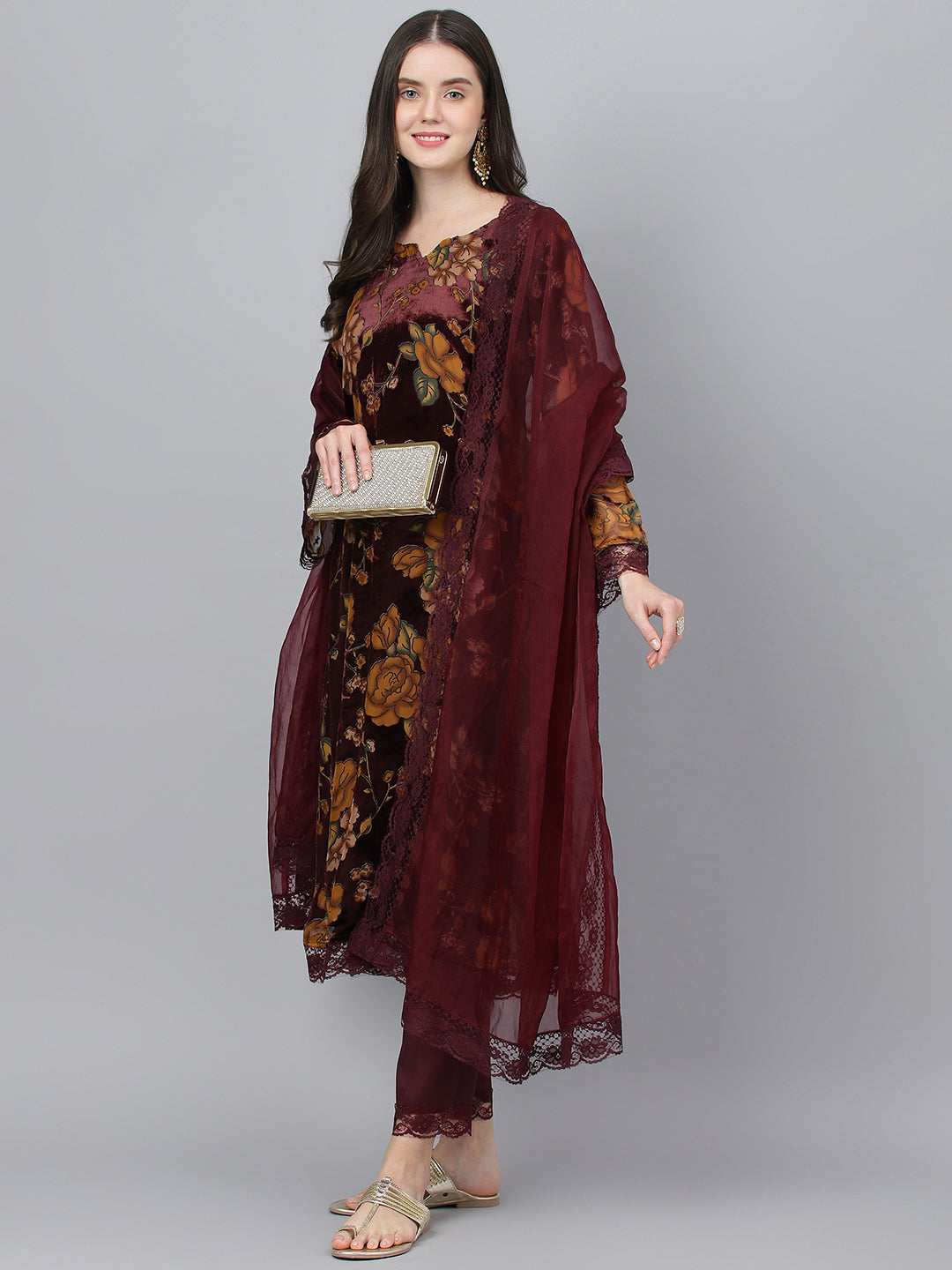 Women's Wine Floral Burn Out Velvet Kurta pant With Organza Dupatta set - Taantav