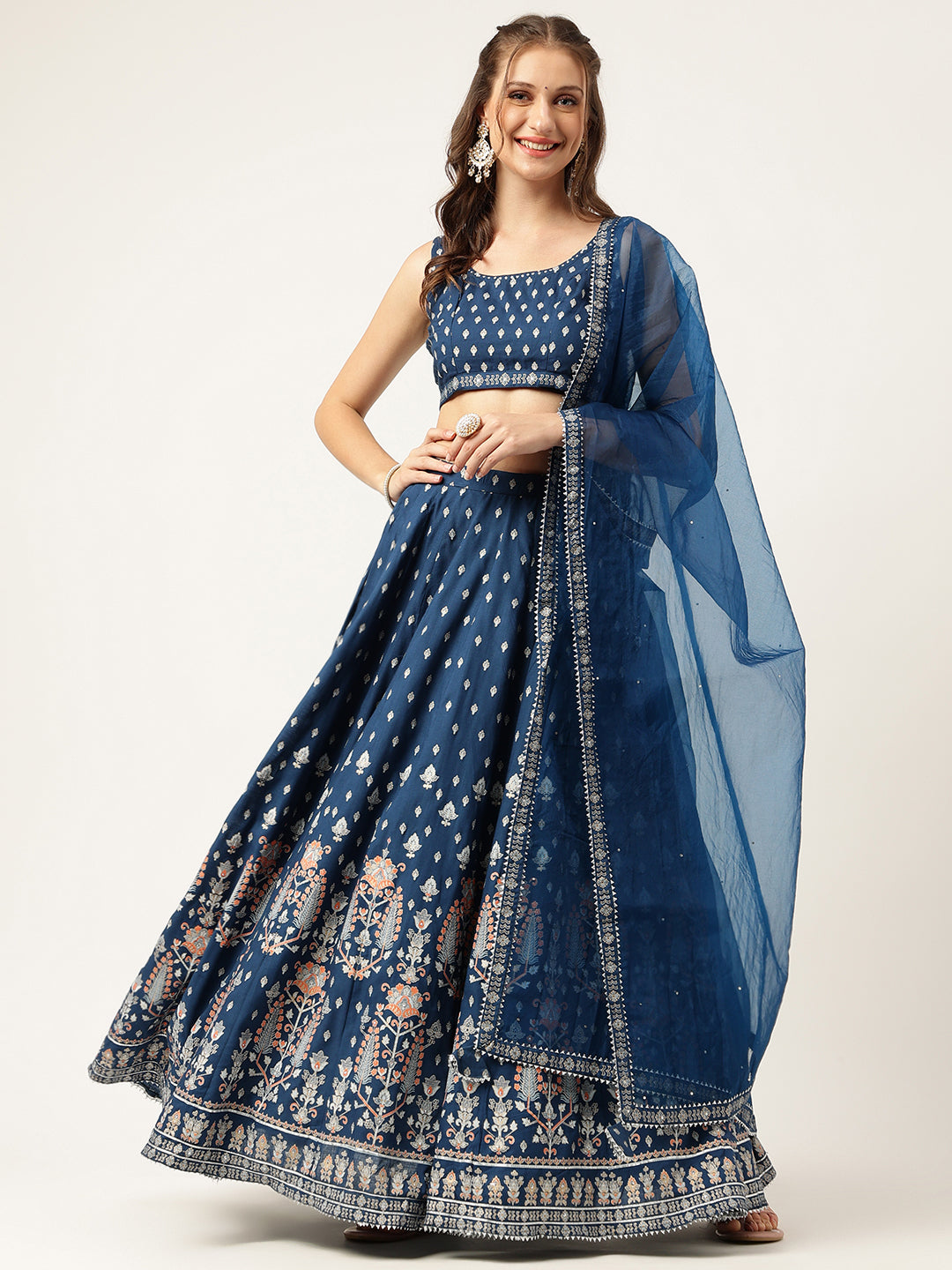 Women's Blue Rayon Flared Lehenga Choli Set with Organza Dupatta - Taantav