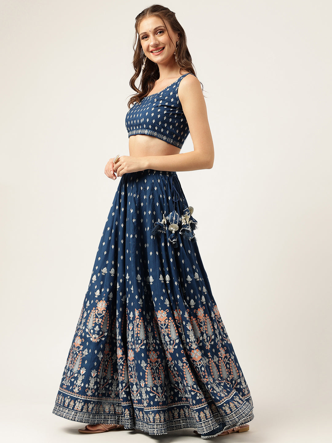 Women's Blue Rayon Flared Lehenga Choli Set with Organza Dupatta - Taantav