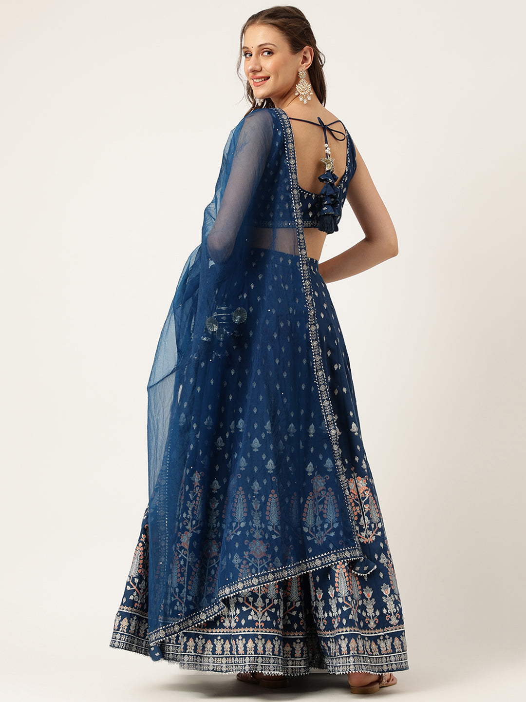 Women's Blue Rayon Flared Lehenga Choli Set with Organza Dupatta - Taantav