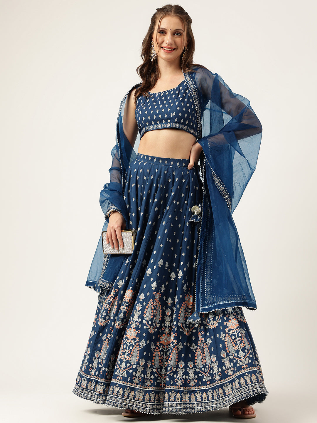 Women's Blue Rayon Flared Lehenga Choli Set with Organza Dupatta - Taantav