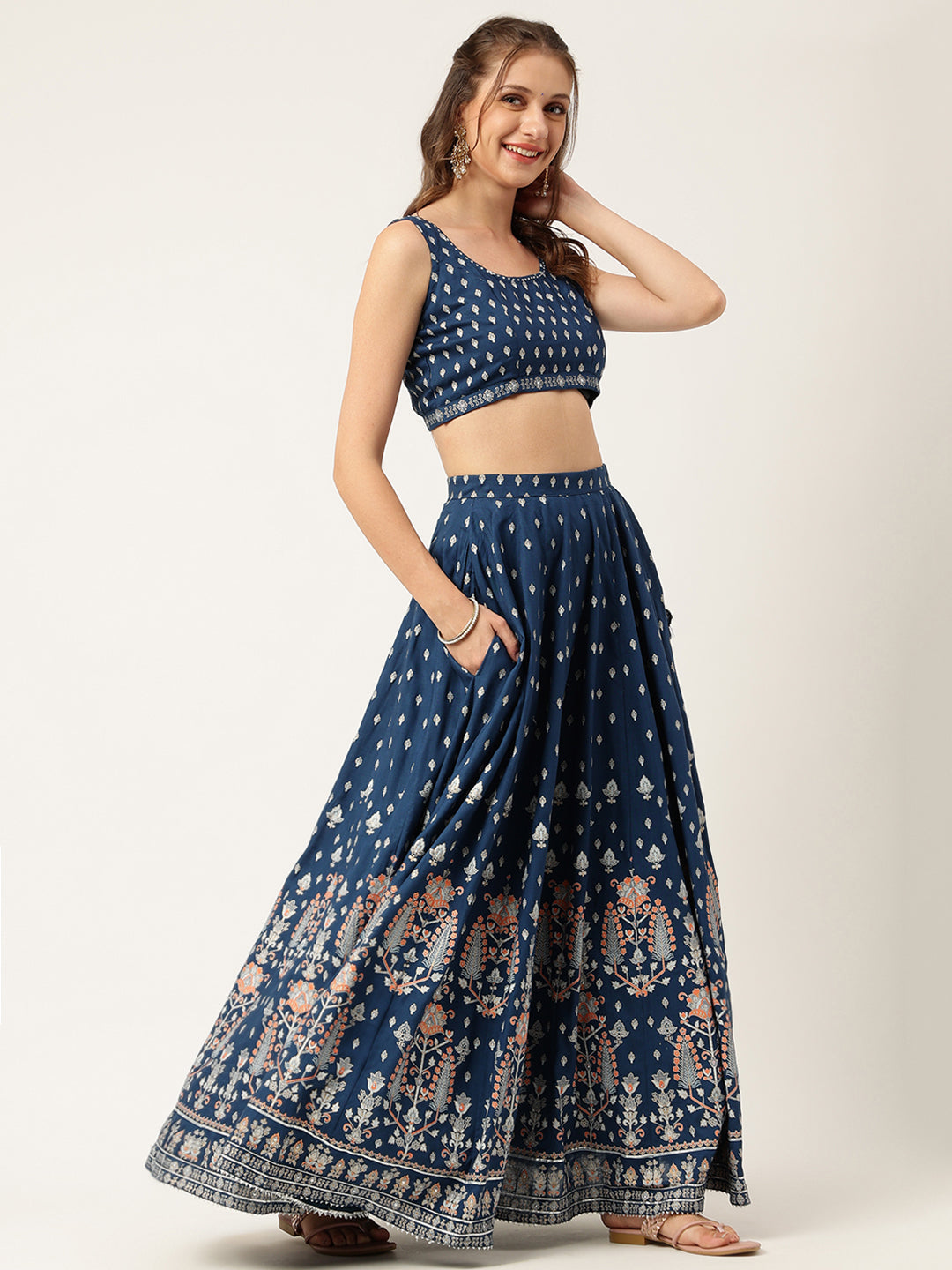 Women's Blue Rayon Flared Lehenga Choli Set with Organza Dupatta - Taantav