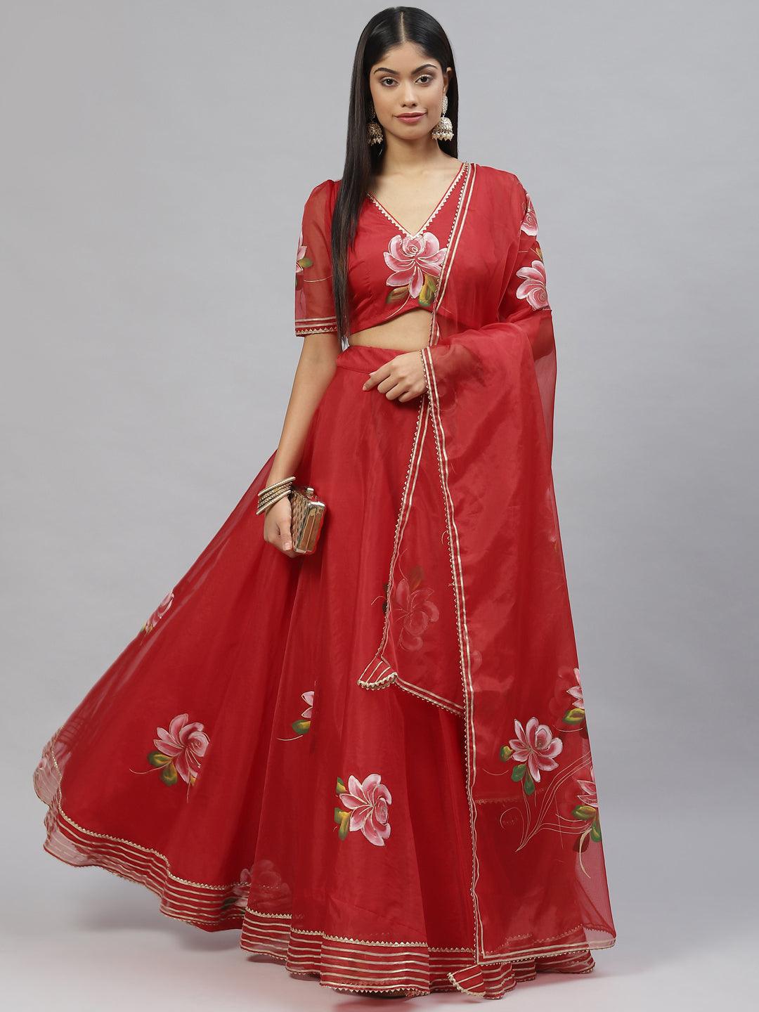 Women's Red Hand Painted Organza Flared Lehenga Choli Set with Organza Dupatta - Taantav