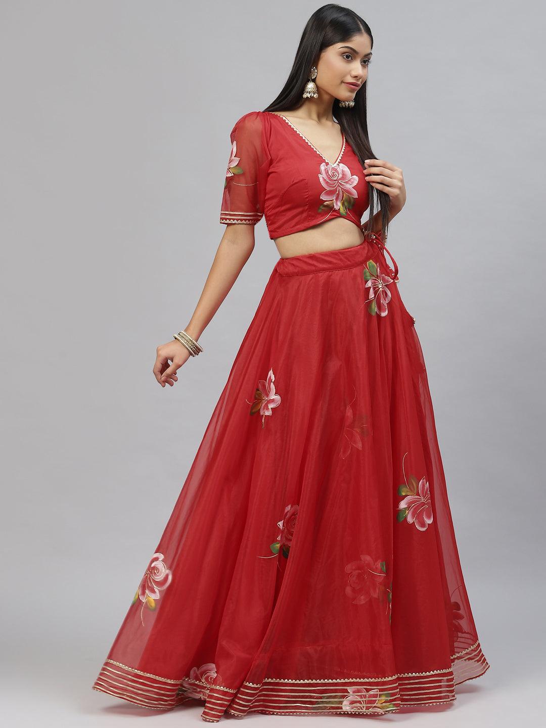 Women's Red Hand Painted Organza Flared Lehenga Choli Set with Organza Dupatta - Taantav