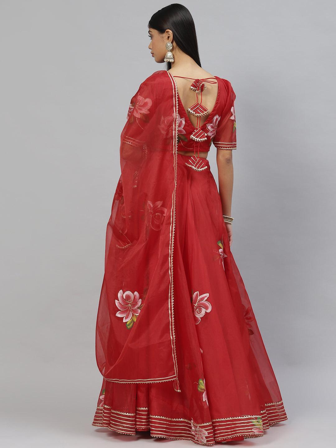 Women's Red Hand Painted Organza Flared Lehenga Choli Set with Organza Dupatta - Taantav