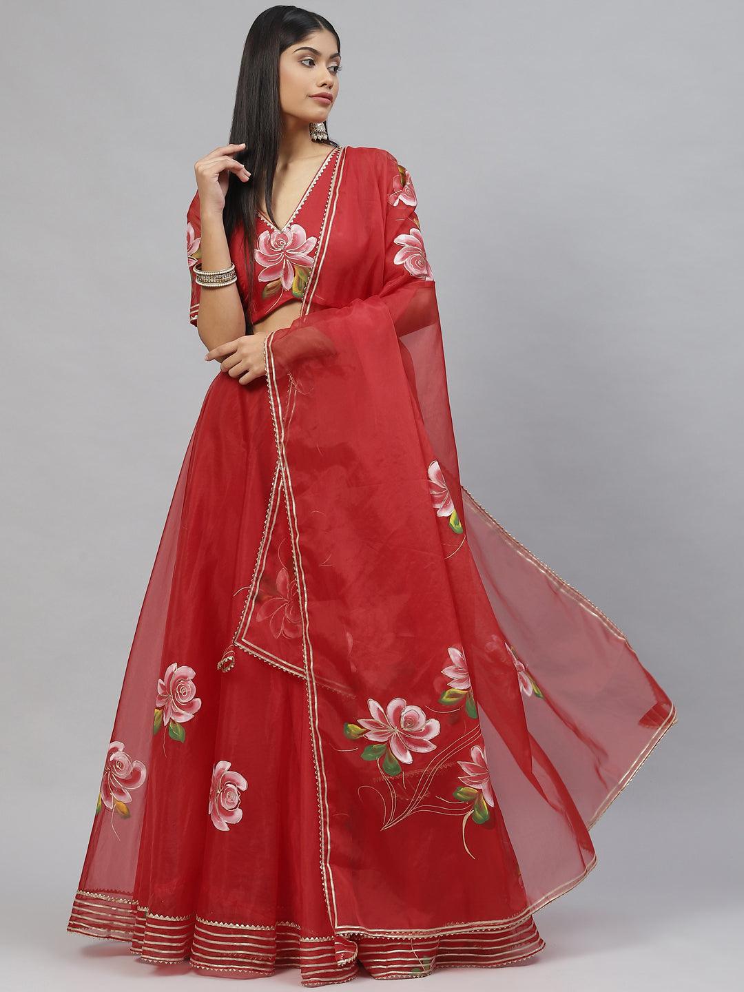 Women's Red Hand Painted Organza Flared Lehenga Choli Set with Organza Dupatta - Taantav