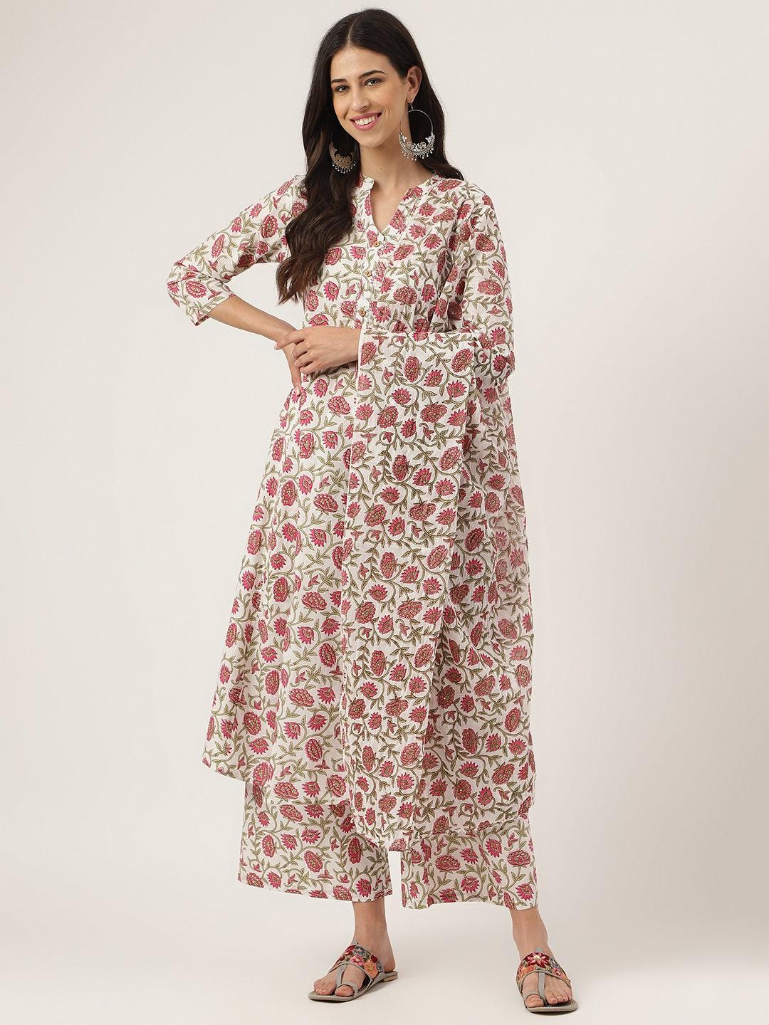 Women's White Floral Printed Anarkali Kurta Palazzo Sets - Taantav