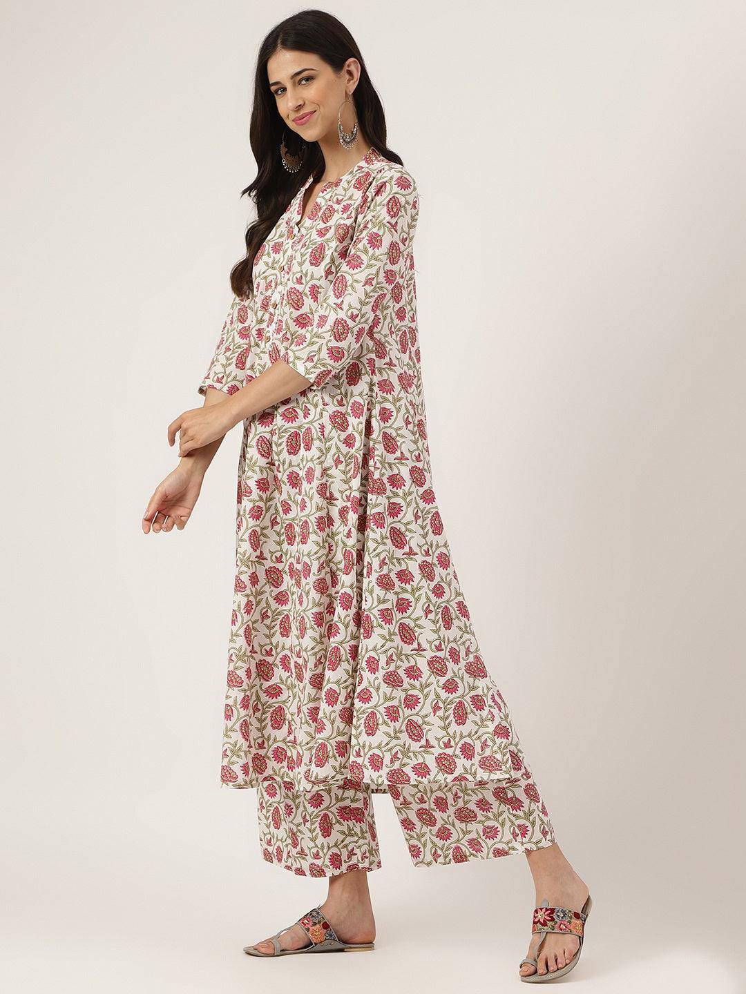 Women's White Floral Printed Anarkali Kurta Palazzo Sets - Taantav