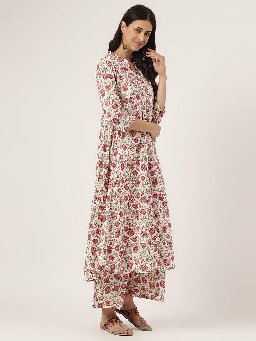 Women's White Floral Printed Anarkali Kurta Palazzo Sets - Taantav